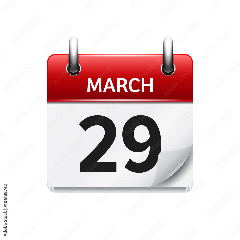 March 29. Vector flat daily calendar icon. Date and time, day, month. Holiday.