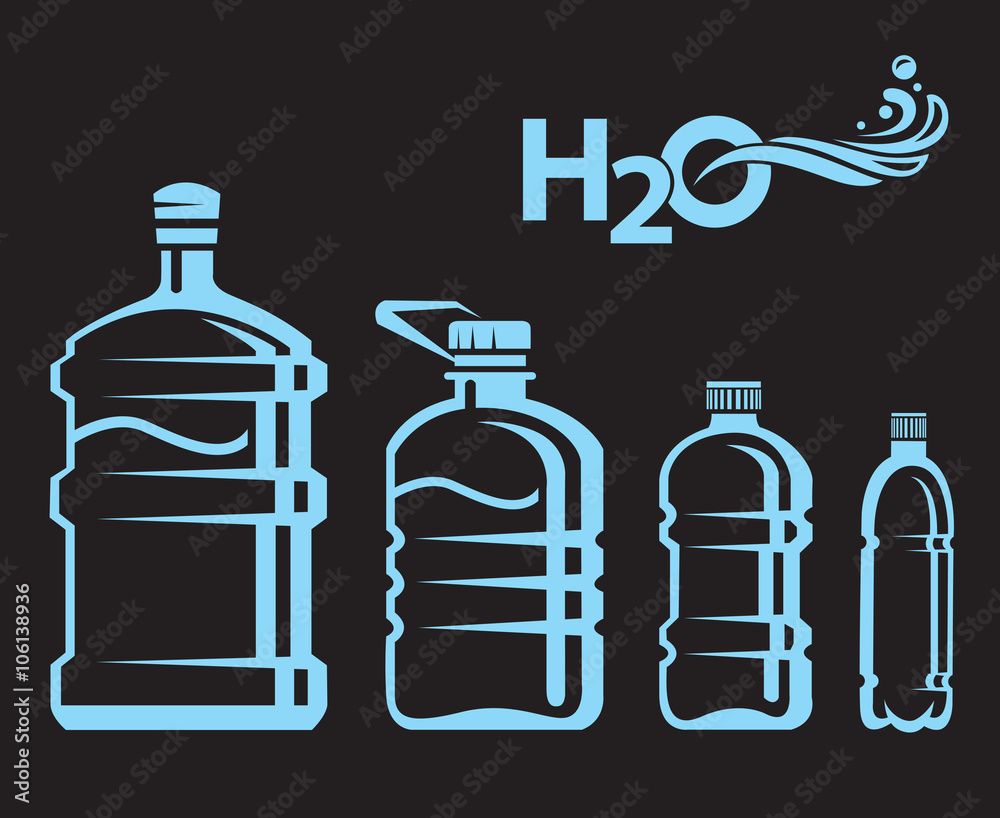 set of different water bottles on black background