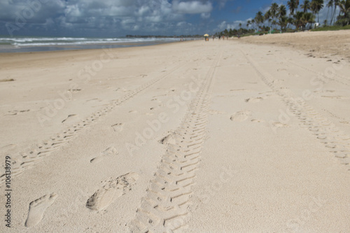 Footprints and tire marks in the sand