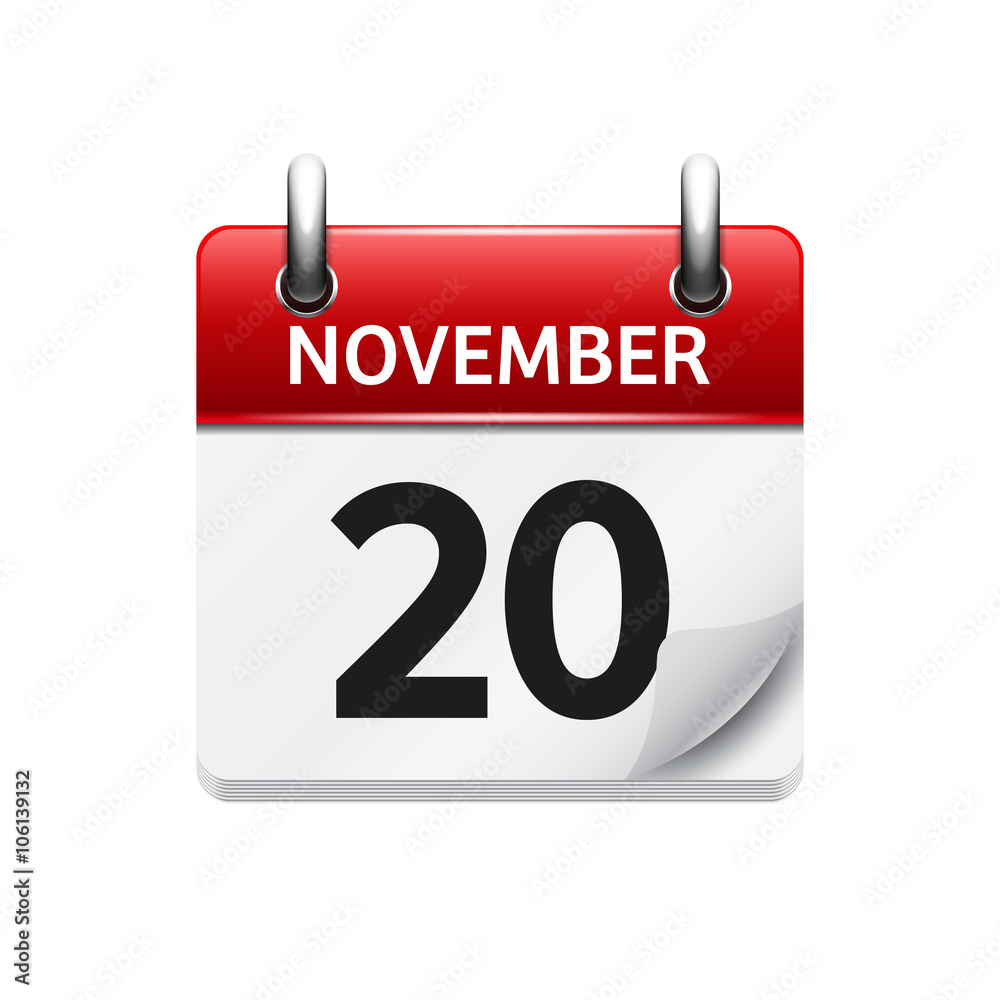 November 20. Vector flat daily calendar icon. Date and time, day, month. Holiday. November 20. Vector flat daily calendar icon. Date and time, day, month. Holiday.