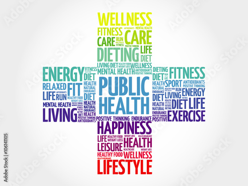 Public Health word cloud, health cross concept background