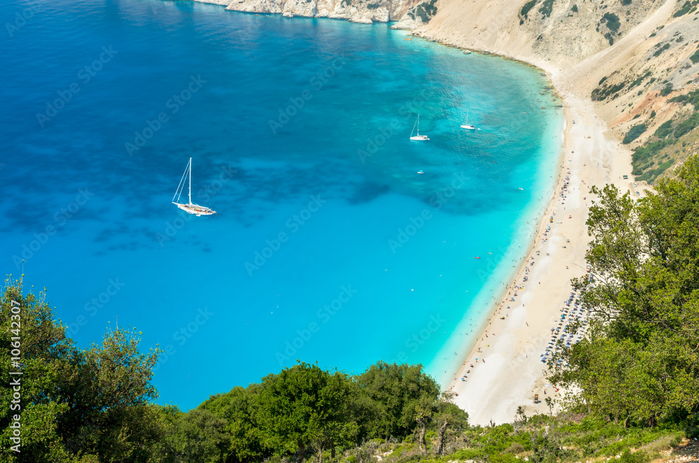 Myrtos beach, Kefalonia island, Greece. Beautiful view of Mirtos bay and beach on Kefalonia island