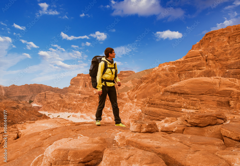 Woman Hiker with backpack enjoy view in desert