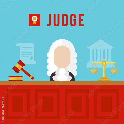 Judge vector illustration. Judge man in courtroom. Judge with hammer, tribunal and gavel. Judge flat. Judge bright banner, 