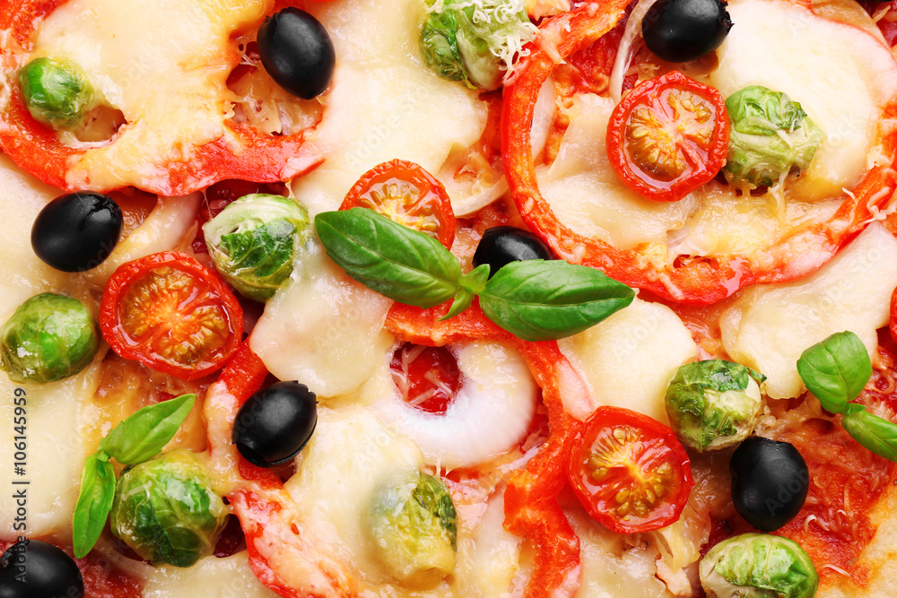 Delicious pizza with cheese and vegetables closeup Delicious pizza with cheese and vegetables closeup