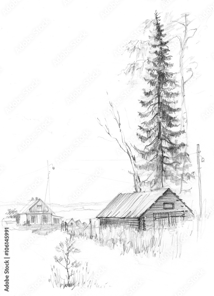 From russia with love. Russian village. Pencil drawing.