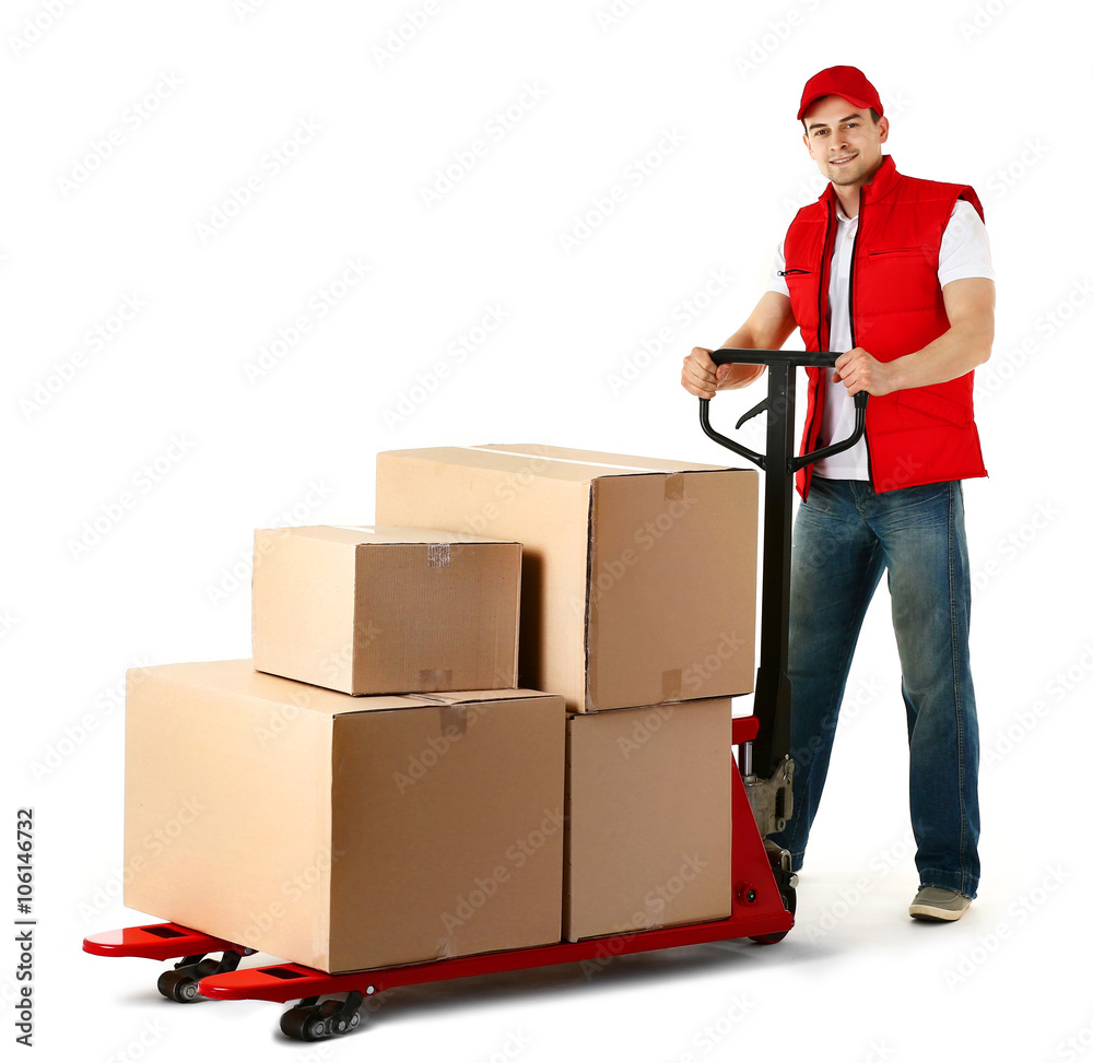 Delivery man with hand truck isolated on white background Delivery man with hand truck isolated on white background