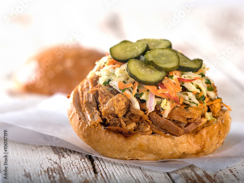 Pulled Pork Sandwich on White Wooden Table