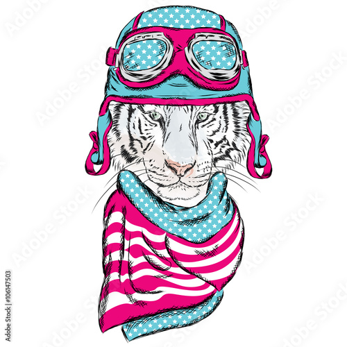 Fototapeta Naklejka Na Ścianę i Meble -  Vetkor tiger wearing a helmet. Tiger in a scarf. Hipster. Pilot.