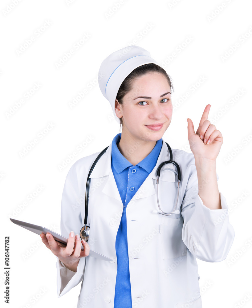 woman doctor with tablet pays attention woman doctor with tablet pays attention
