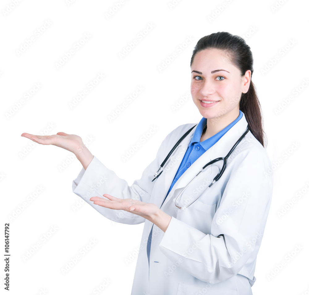 woman doctor pointing with both hands
