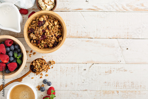 Breakfast table with granola and fresh berries