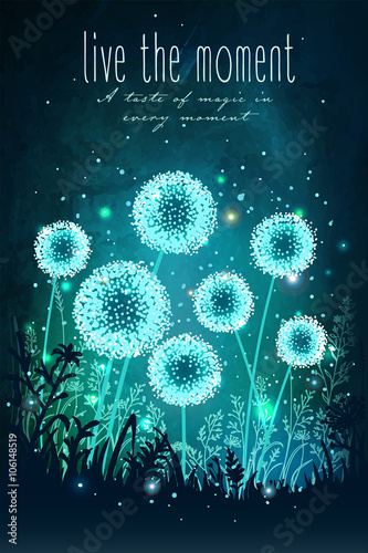 Amazing dandelions with magical lights of fireflies at night sky background. Unusual vector illustration. Inspiration card for wedding, date, birthday, holiday or garden party