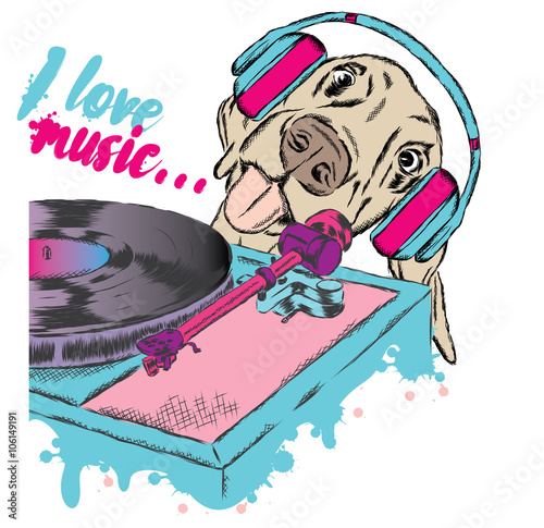 Funny Puppy behind the decks. Cute dog. Vector illustration.