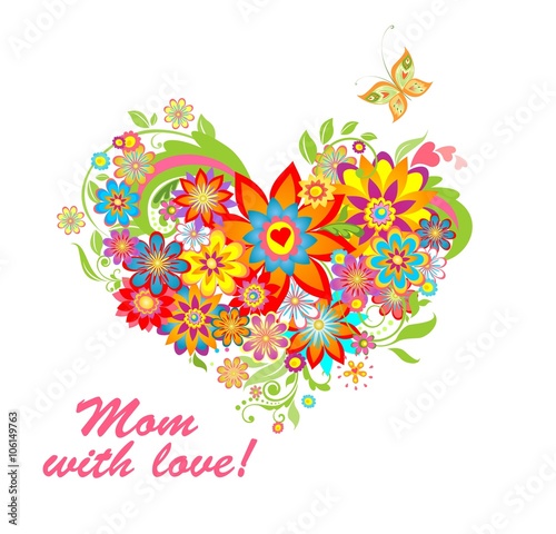 Greeting card with floral heart shape for mothers day