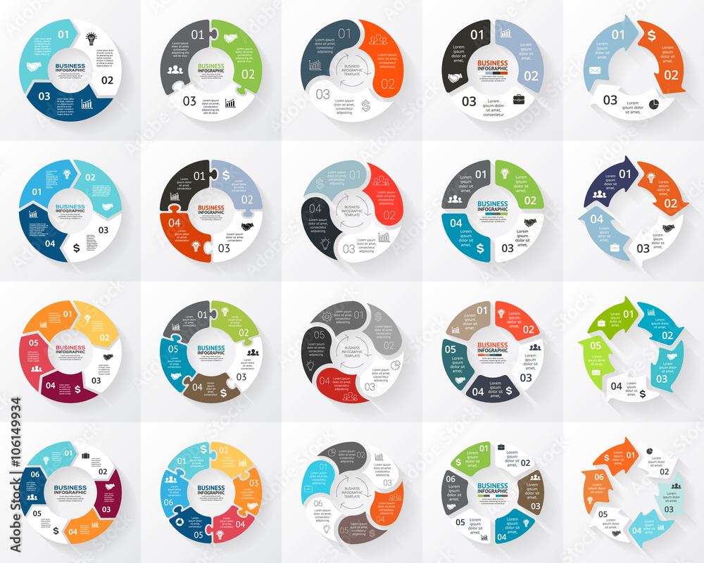 Vector circle arrows infographics set. 3, 4, 5, 6 options, parts, steps. Template for cycle diagram, graph, puzzle presentation and round chart. Business concept with data processes. Vector circle arrows infographics set. 3, 4, 5, 6 options, parts, steps. Template for cycle diagram, graph, puzzle presentation and round chart. Business concept with data processes.