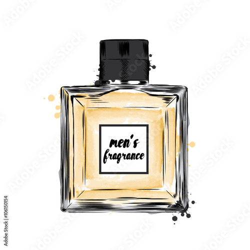 Men's fragrance. The bottle of toilet water in the vector. Male fragrance. Perfume watercolor. Hand drawing perfumes.