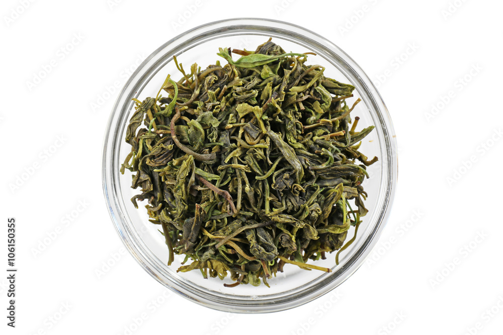 Kuding tea leaves in bowl, isolated on white