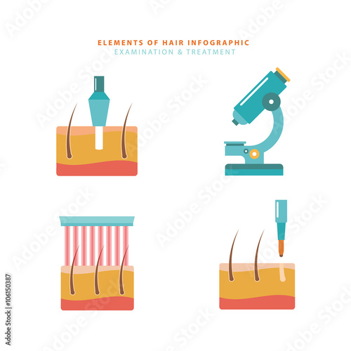 Elements of hair infographic. Biopsy of the scalp. Microscopic examination of the hair shaft. Laser therapy. Hair transplantation.