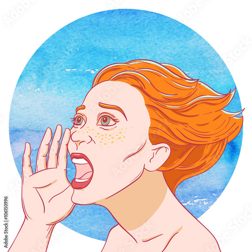 Portrait of a screaming young girl with tousled hair