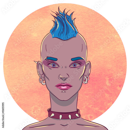 Portrait of a young girl with mohawk hairstyle and piercings on the background