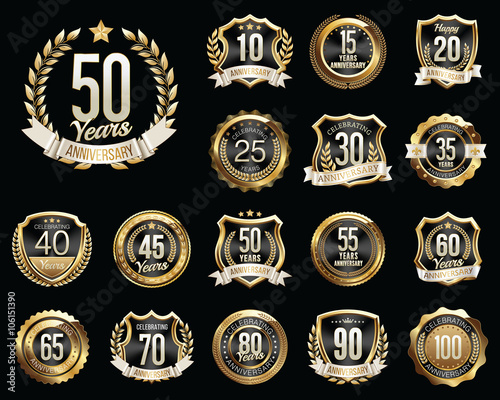 Set of Golden Anniversary Badges. Set of Golden Anniversary Signs.
Gold and Black. 