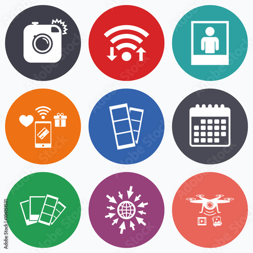 Photo camera icon. Flash light and selfie frame.