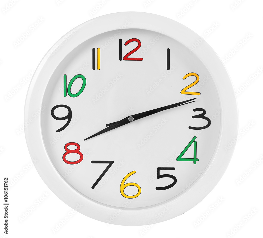 Round wall clock with colorful figures, isolated on white Round wall clock with colorful figures, isolated on white