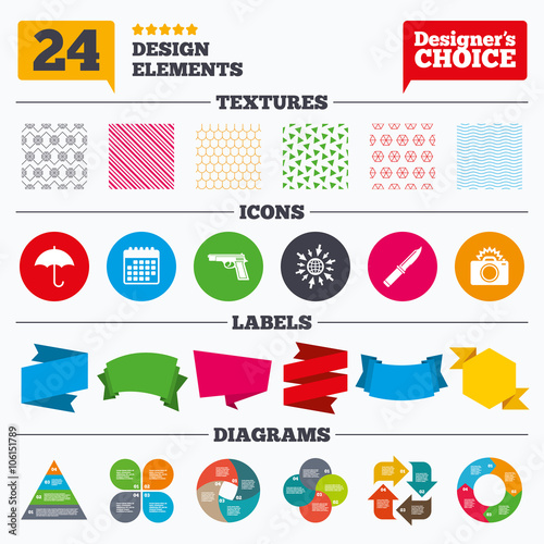 Gun weapon. Knife, umbrella and photo camera.