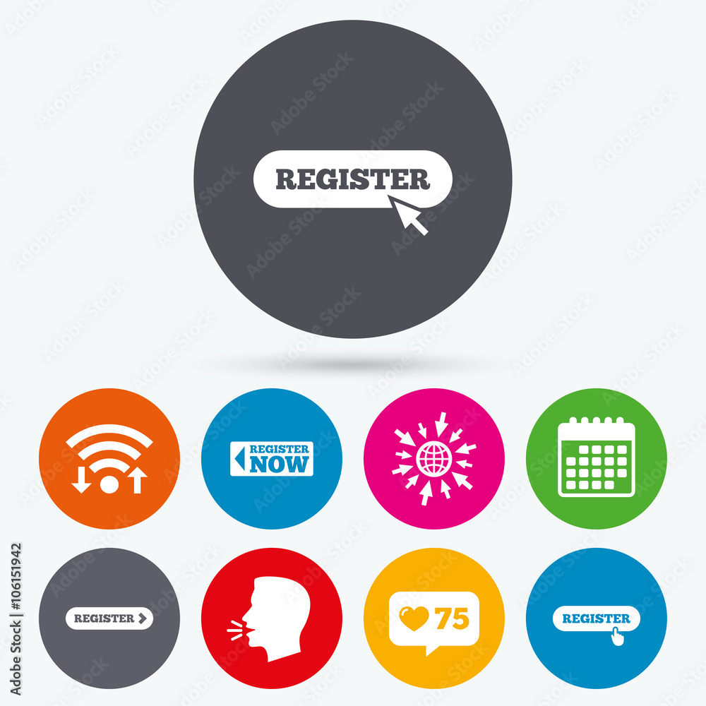 Register with hand pointer icon. Mouse cursor. Register with hand pointer icon. Mouse cursor.