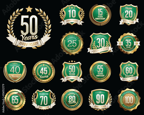 Set of Golden Anniversary Badges. Set of Golden Anniversary Signs. Gold and Green. 