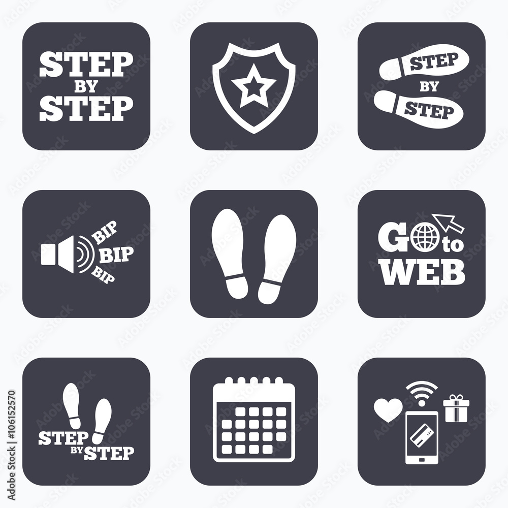 Step icons. Footprint shoes symbols.