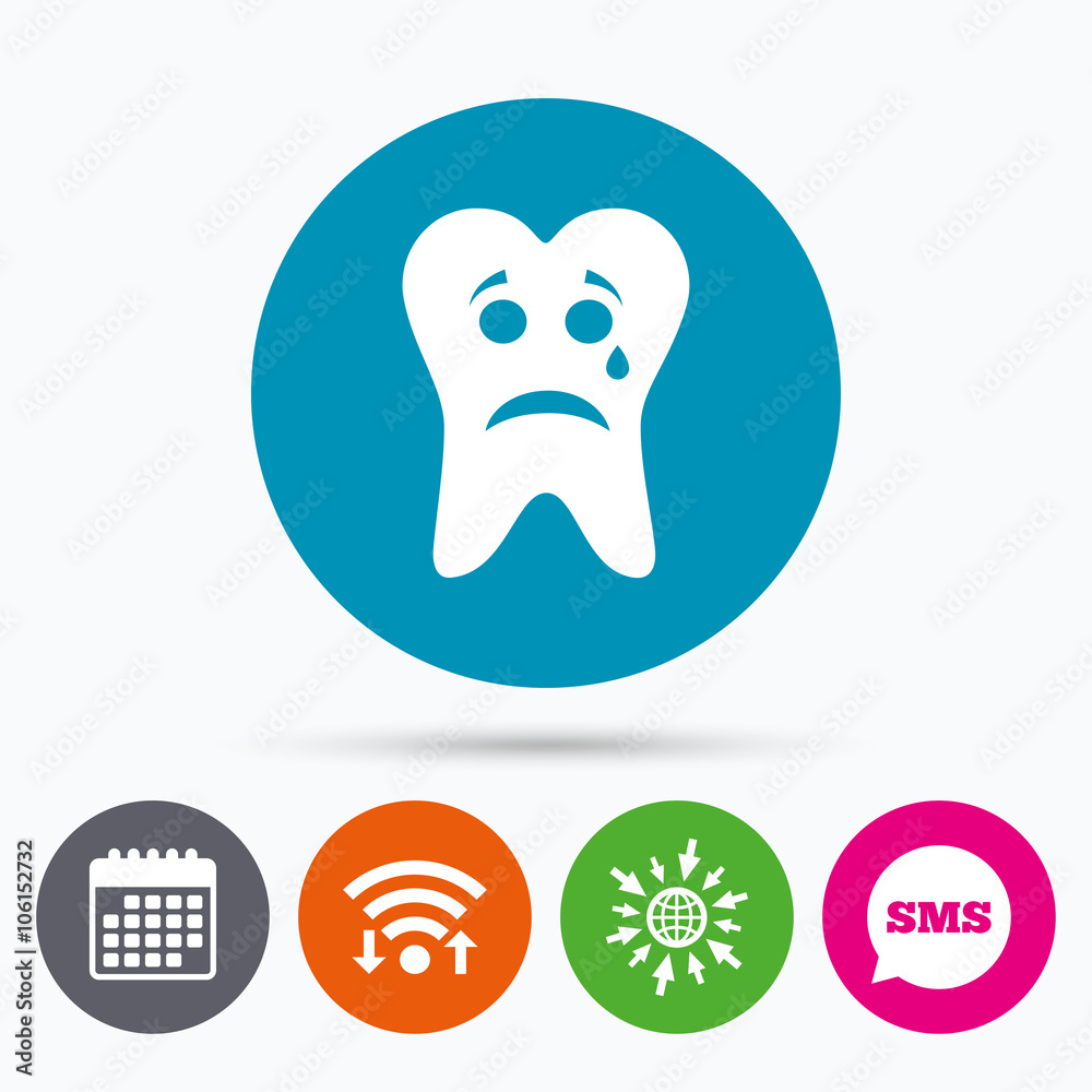 Tooth sad face with tear sign icon. Aching tooth Tooth sad face with tear sign icon. Aching tooth