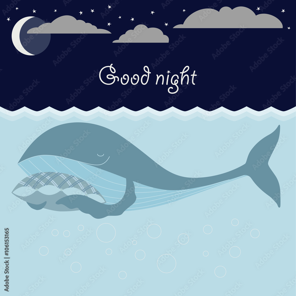 Naklejka premium Ocean sleeping whales, moon, stars. Good night card.