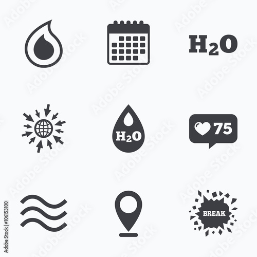 H2O Water drop icons. Tear or Oil symbols.