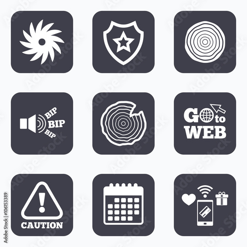 Wood and saw circular wheel icons. Attention.