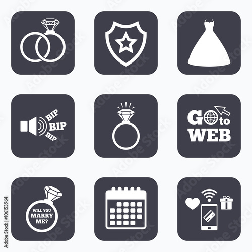 Wedding dress icon. Bride and groom rings symbol