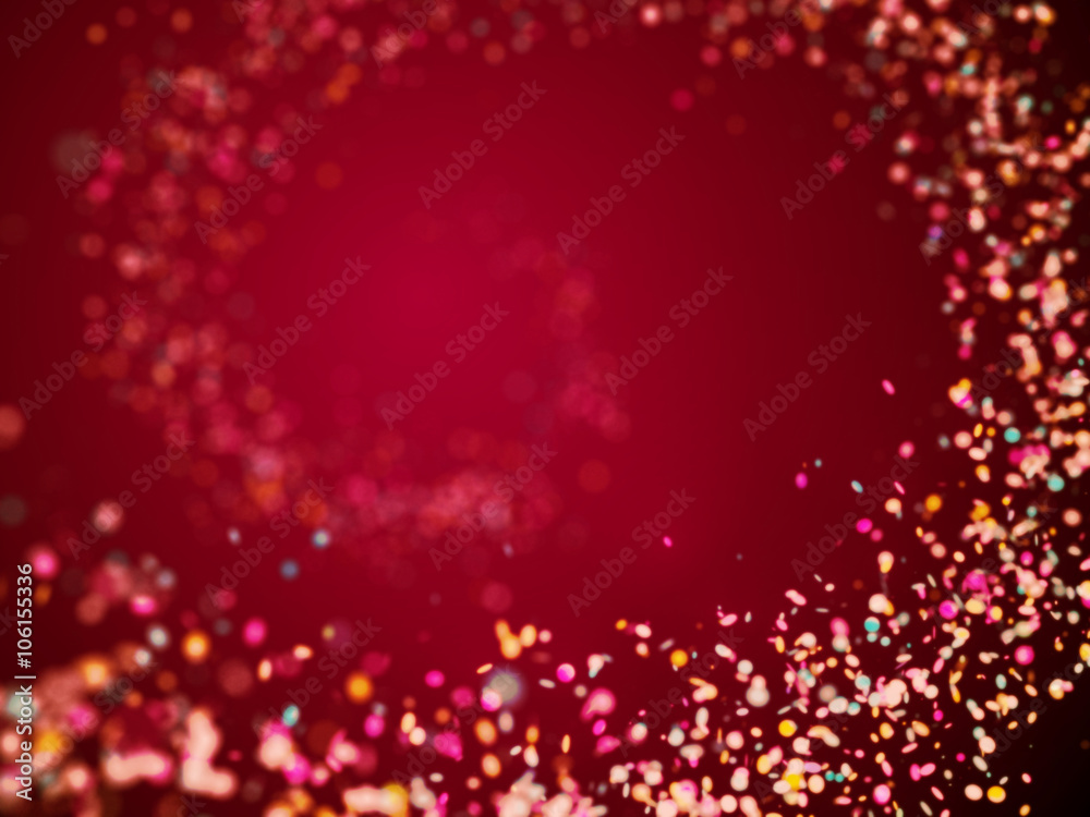 soft colorful glitter spiral in front of a dark red background 
