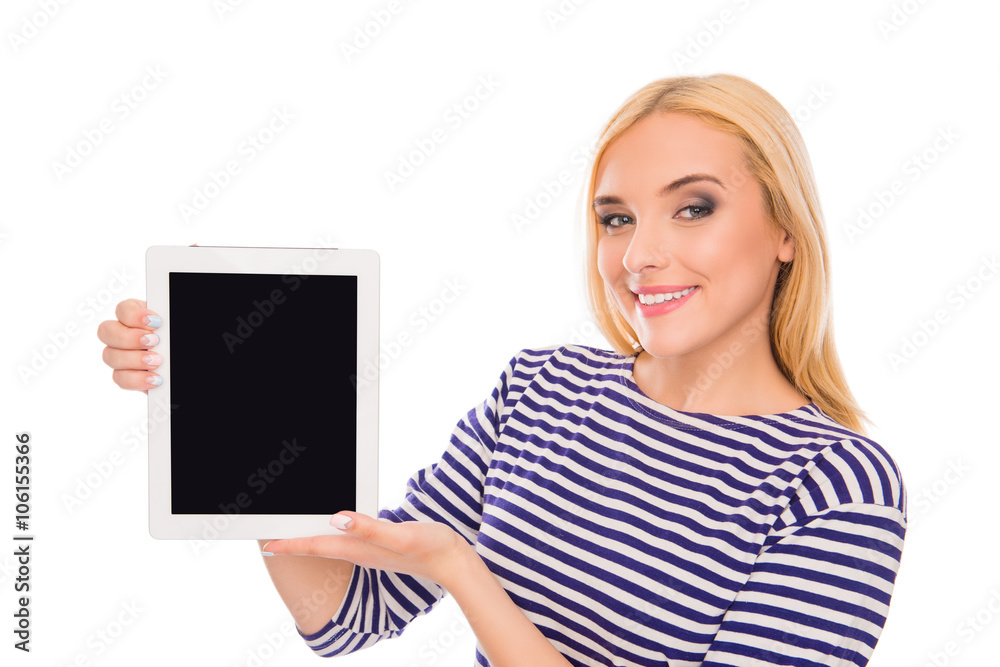 Pretty smiling woman showing black screen of tablet Pretty smiling woman showing black screen of tablet