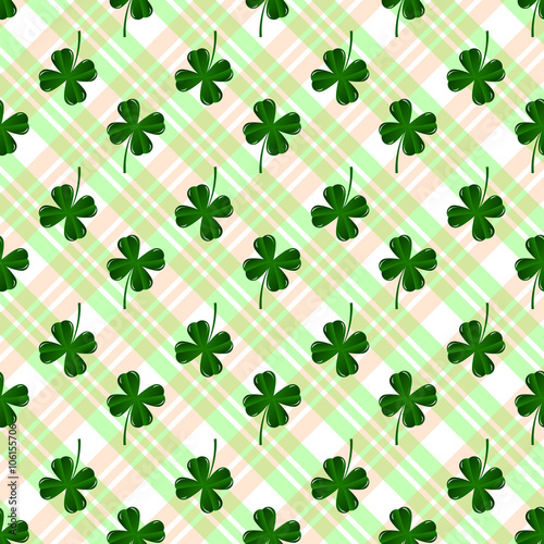 Seamless pattern with four leaves green clovers