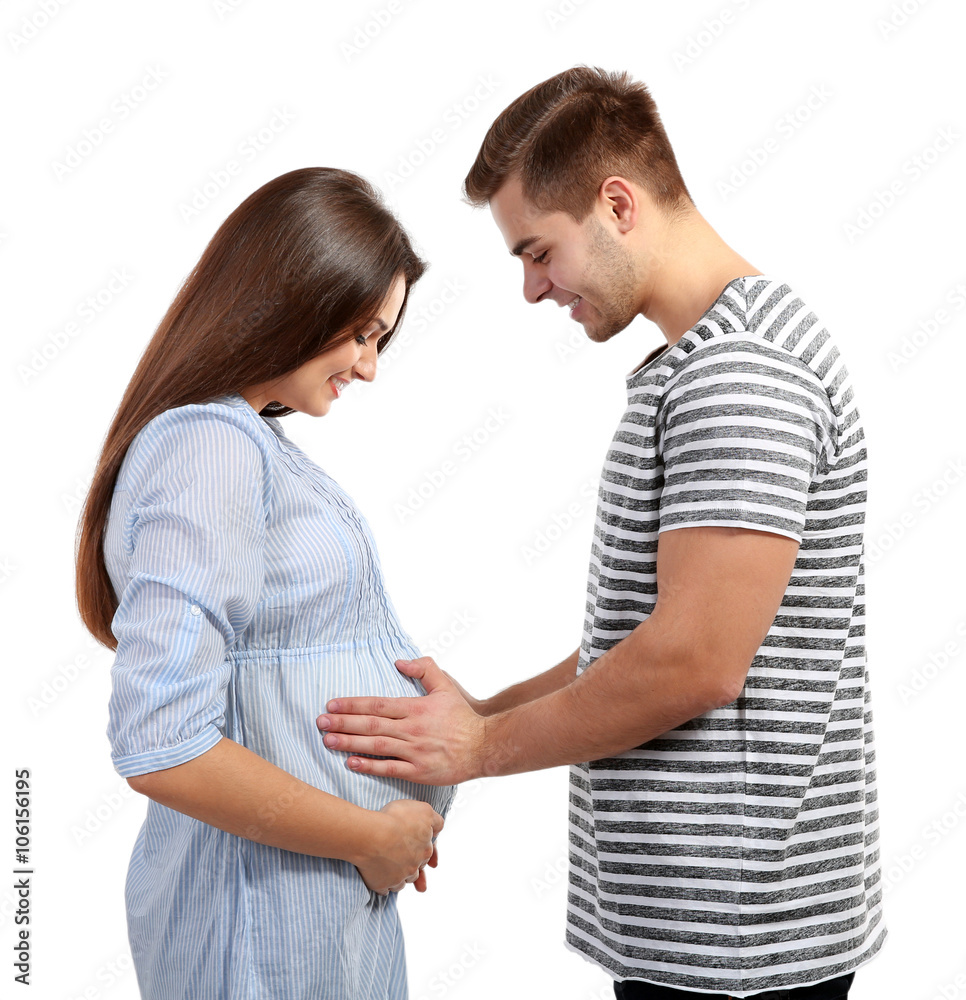 Young pregnant woman with husband isolated on white Young pregnant woman with husband isolated on white