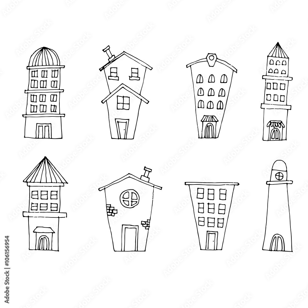 Sketch vector set of houses in doodle style.