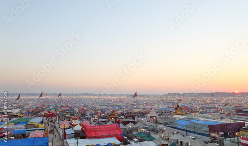 Aerial panorama view of Maha Kumbh Mela festival camp, the world's largest religious gathering. photo