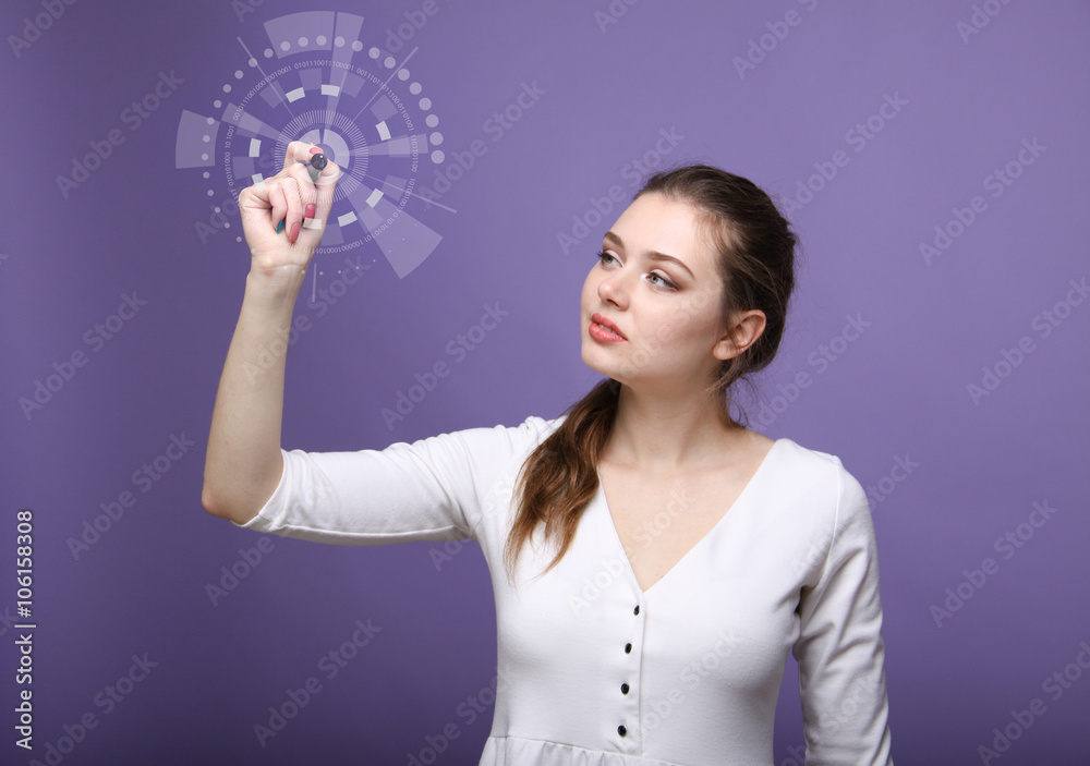 Future technology. Woman working with futuristic interface Future technology. Woman working with futuristic interface