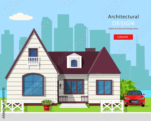 Modern graphic architectural design. Colorful set: house, car, yard, flowers and trees. Flat style vector illustration.