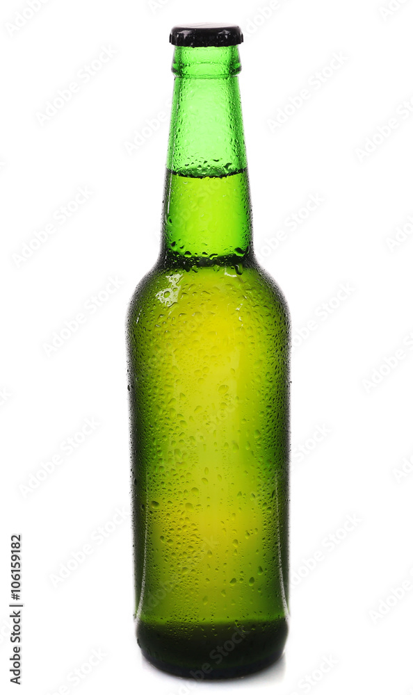 Green glass bottle with beer, isolated on white Green glass bottle with beer, isolated on white