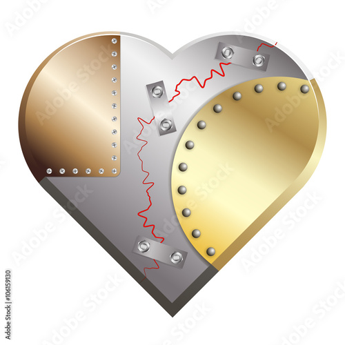 Metal heart cracked assembled from copper, silver and gold metall