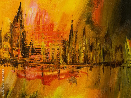 Abstract city, art background. Hand drawn acrylic painting.