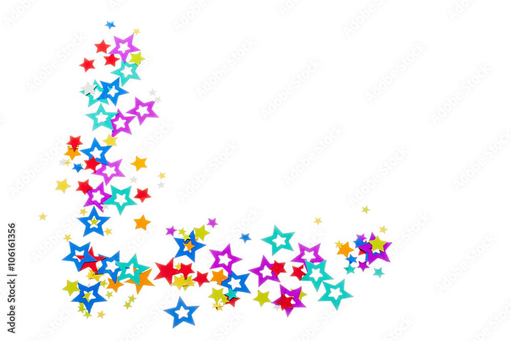 colorful star decorations arranged on white background.