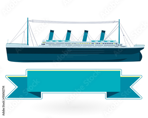 Legendary colossal boat, monumental big ship symbol. Big blue boat, icon flatten isolated illustration master vector.